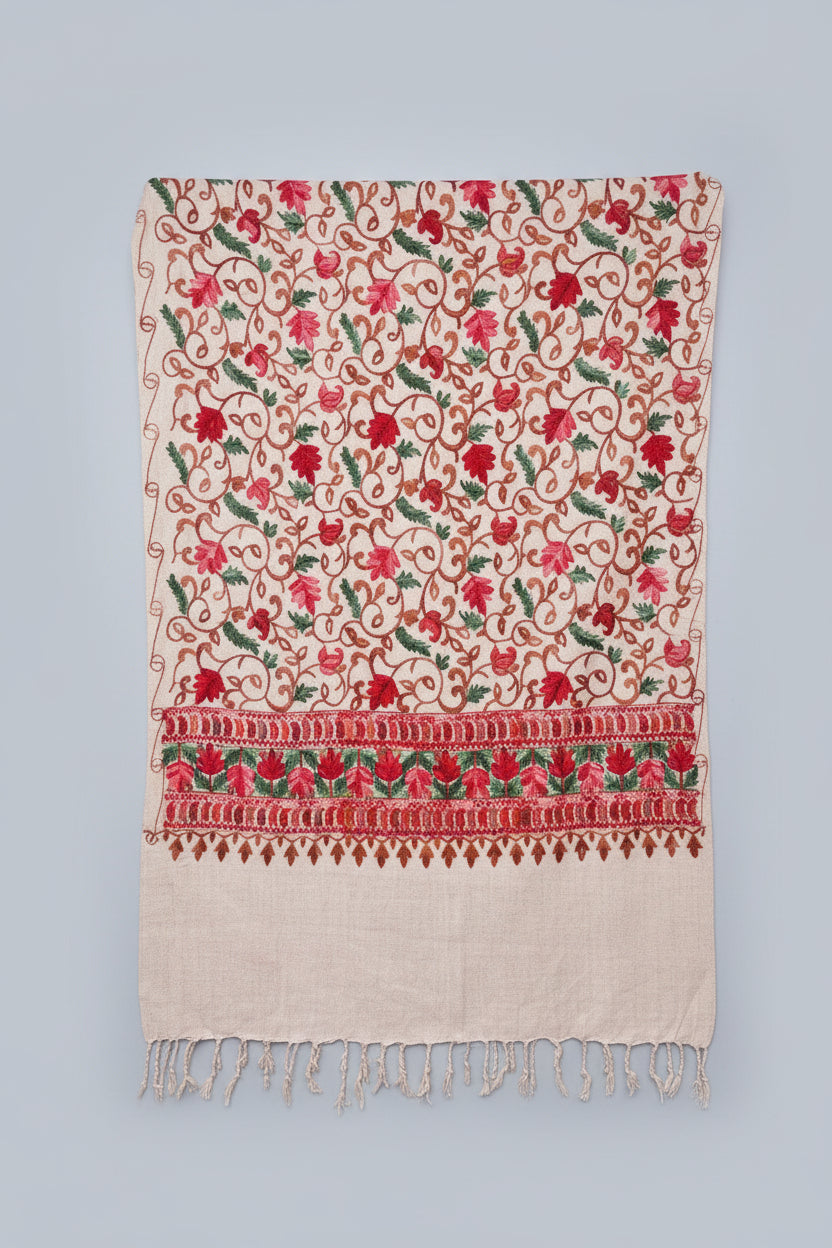 Hand-Embroidered Kashmiri Wool Shawl — Ash Cream Floral
