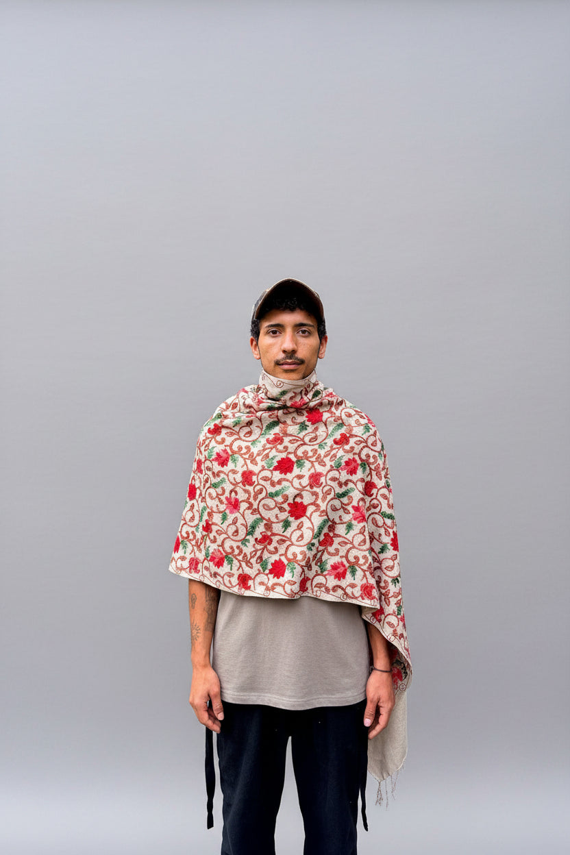 Hand-Embroidered Kashmiri Wool Shawl — Ash Cream Floral