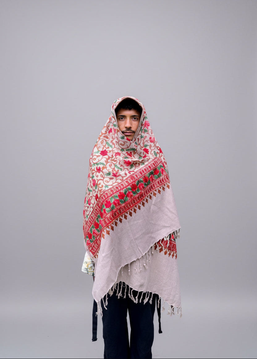 Hand-Embroidered Kashmiri Wool Shawl — Ash Cream Floral