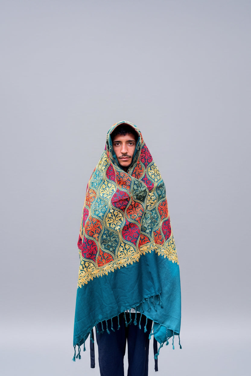 Hand-Embroidered Kashmiri Wool Shawl — Emerald Green Ornate