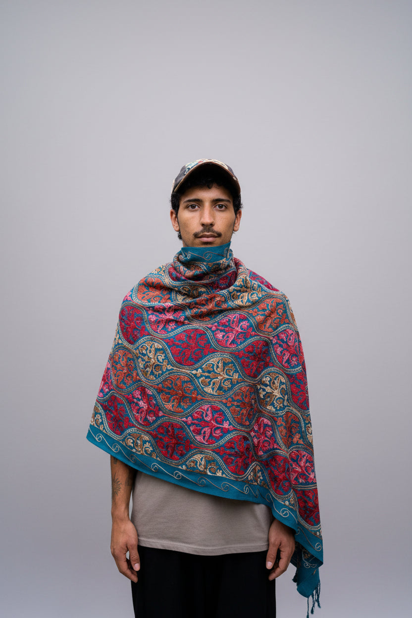 Hand-Embroidered Kashmiri Wool Shawl — Deep Teal Ornate