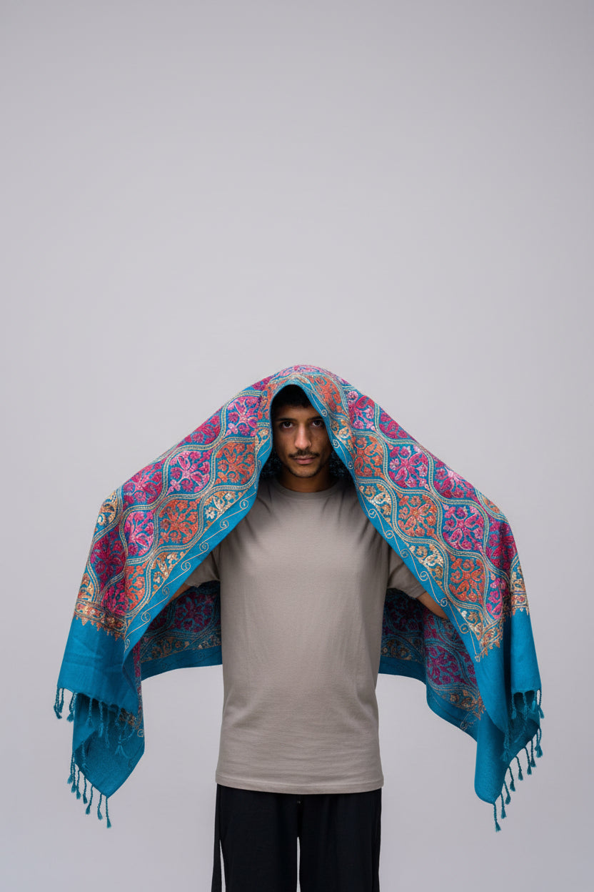 Hand-Embroidered Kashmiri Wool Shawl — Deep Teal Ornate