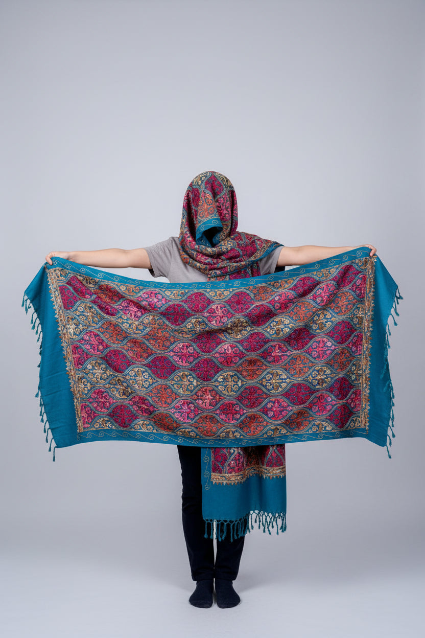 Hand-Embroidered Kashmiri Wool Shawl — Deep Teal Ornate
