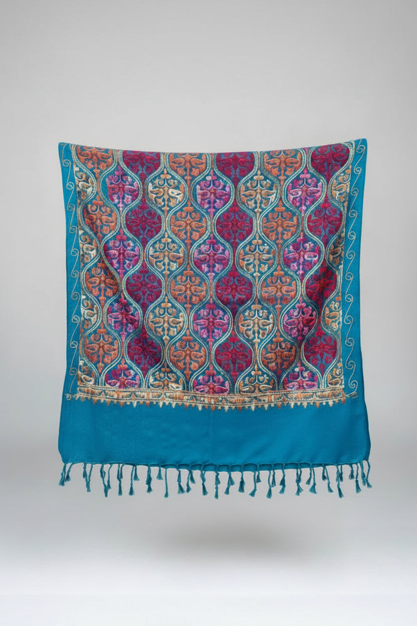 Hand-Embroidered Kashmiri Wool Shawl — Deep Teal Ornate