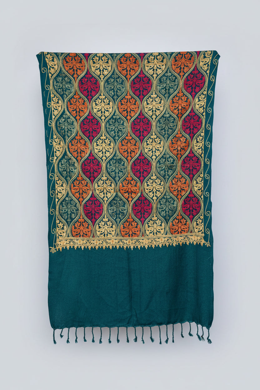 Hand-Embroidered Kashmiri Wool Shawl — Emerald Green Ornate