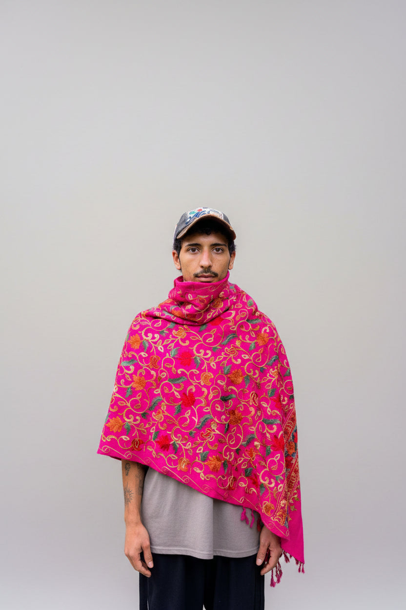 Hand-Embroidered Kashmiri Wool Shawl — Rose Pink Floral