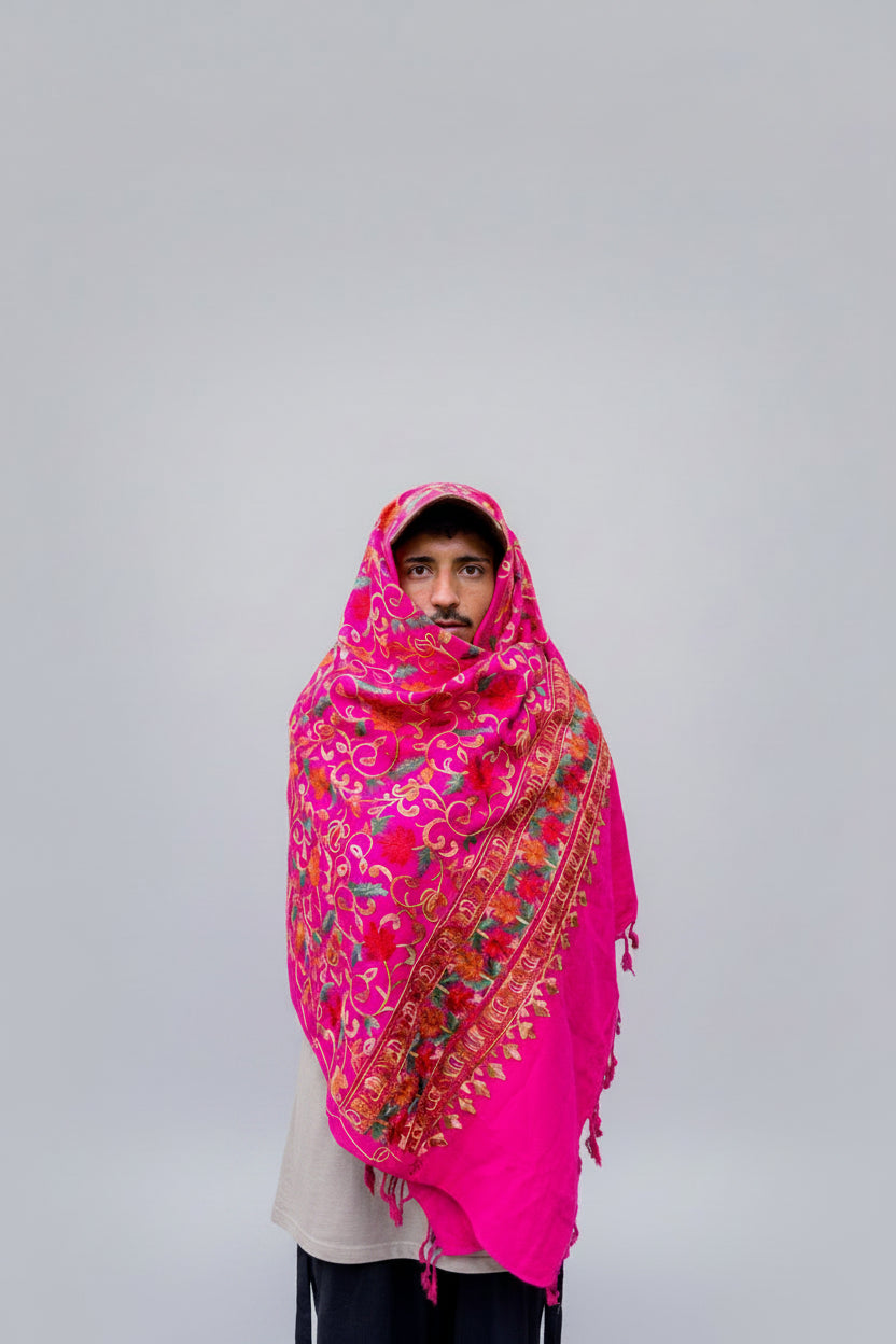 Hand-Embroidered Kashmiri Wool Shawl — Rose Pink Floral