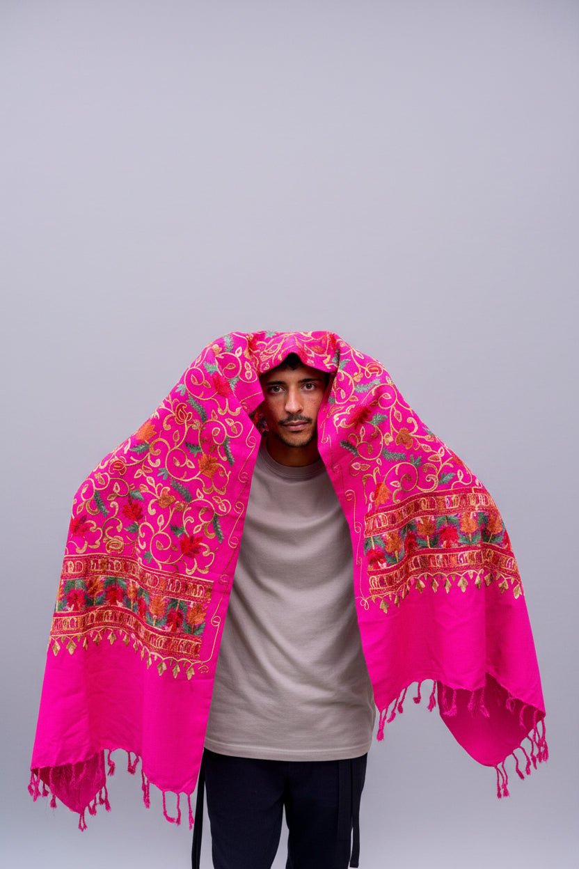 Hand-Embroidered Kashmiri Wool Shawl — Rose Pink Floral