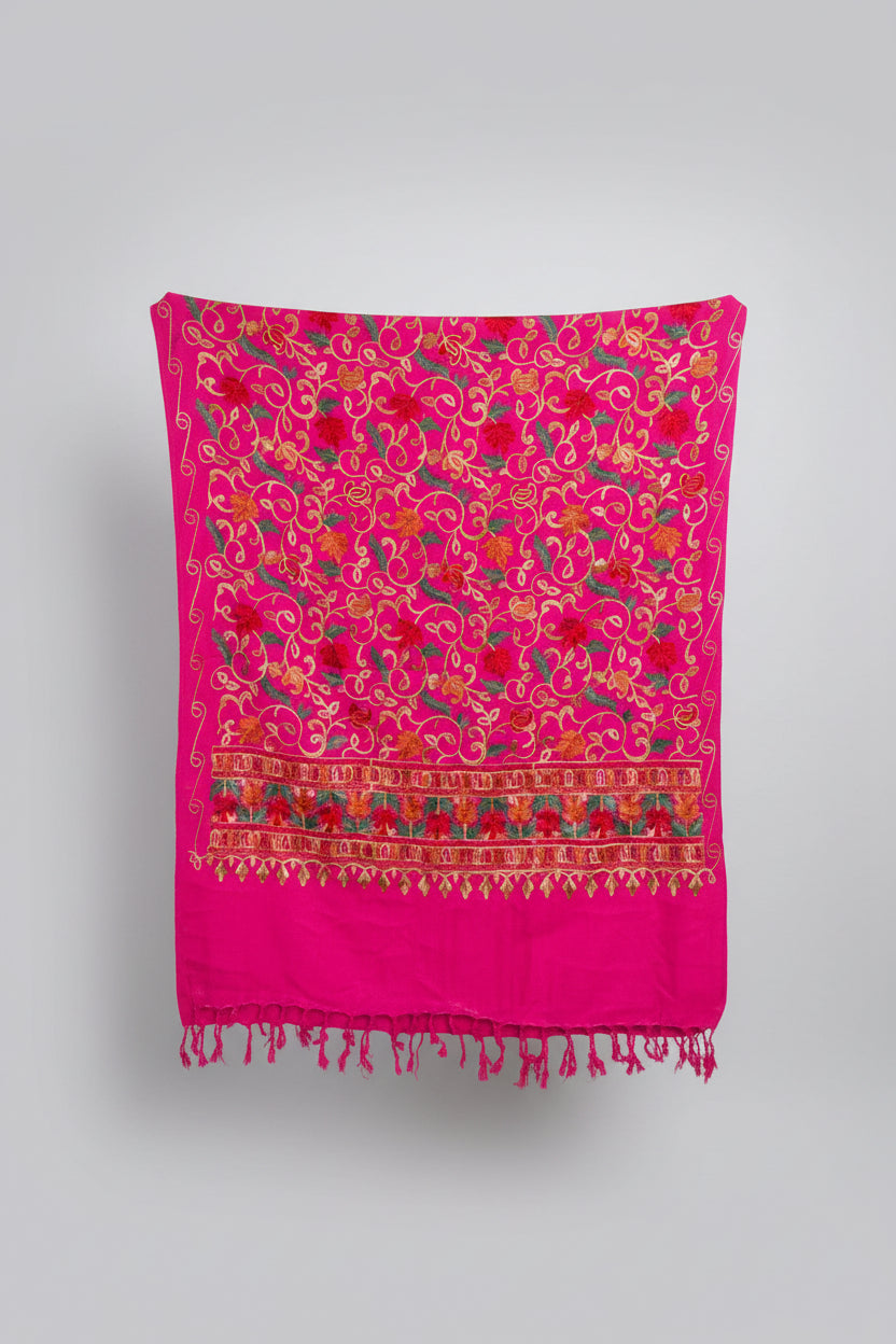 Hand-Embroidered Kashmiri Wool Shawl — Rose Pink Floral