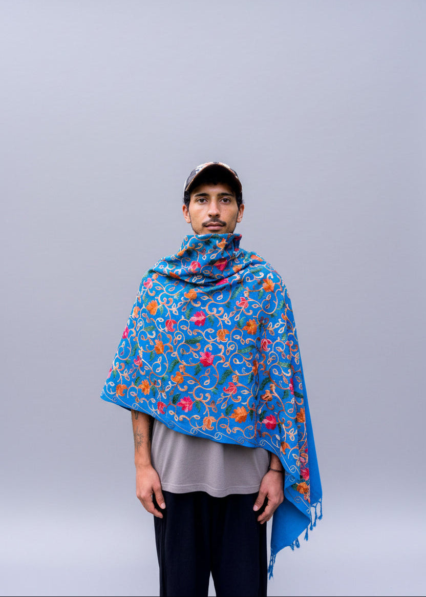 Hand-Embroidered Kashmiri Wool Shawl — Cerulean Blue floral