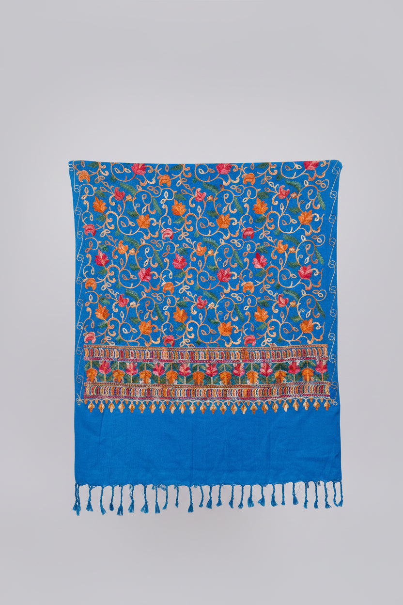 Hand-Embroidered Kashmiri Wool Shawl — Cerulean Blue floral