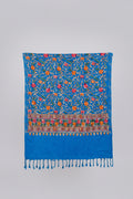 Hand-Embroidered Kashmiri Wool Shawl — Cerulean Blue floral