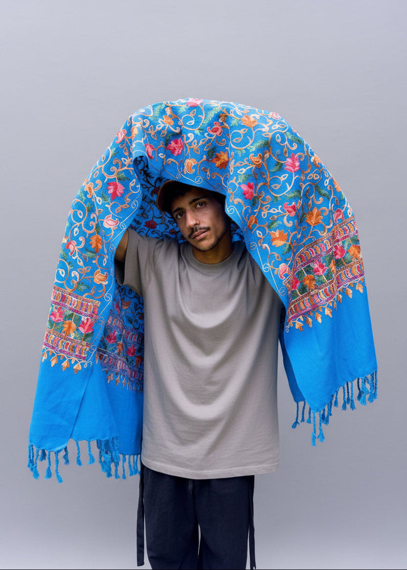 Hand-Embroidered Kashmiri Wool Shawl — Cerulean Blue floral