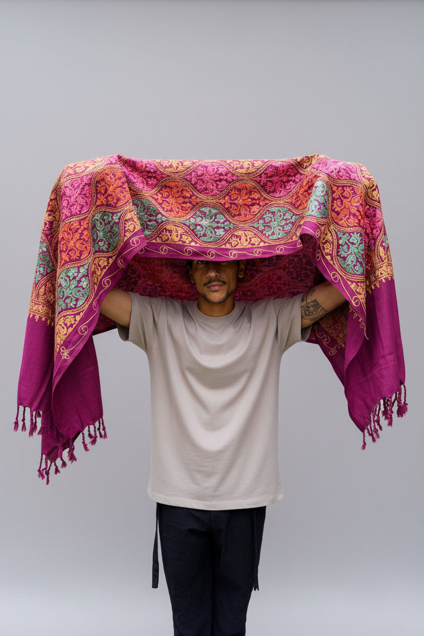 Hand-Embroidered Kashmiri Wool Shawl — Maroon & Gold