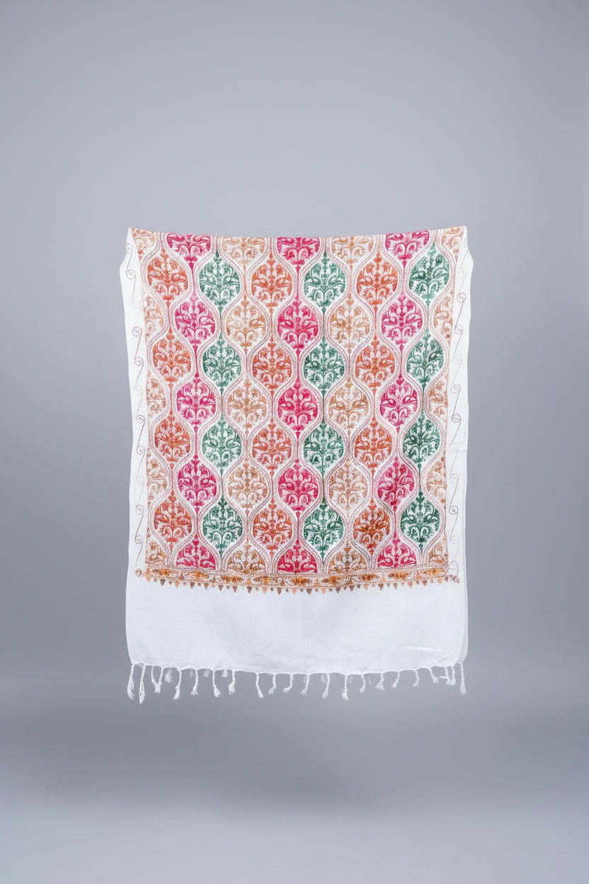 Hand-Embroidered Kashmiri Wool Shawl — Ivory White