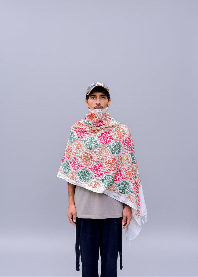 Hand-Embroidered Kashmiri Wool Shawl — Ivory White