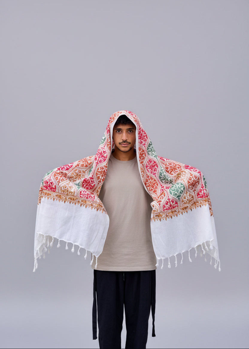 Hand-Embroidered Kashmiri Wool Shawl — Ivory White