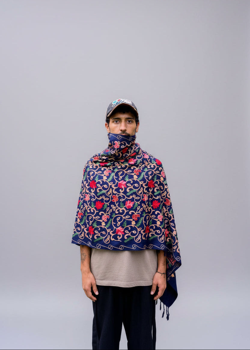 Hand-Embroidered Kashmiri Wool Shawl — Navy Blue Floral