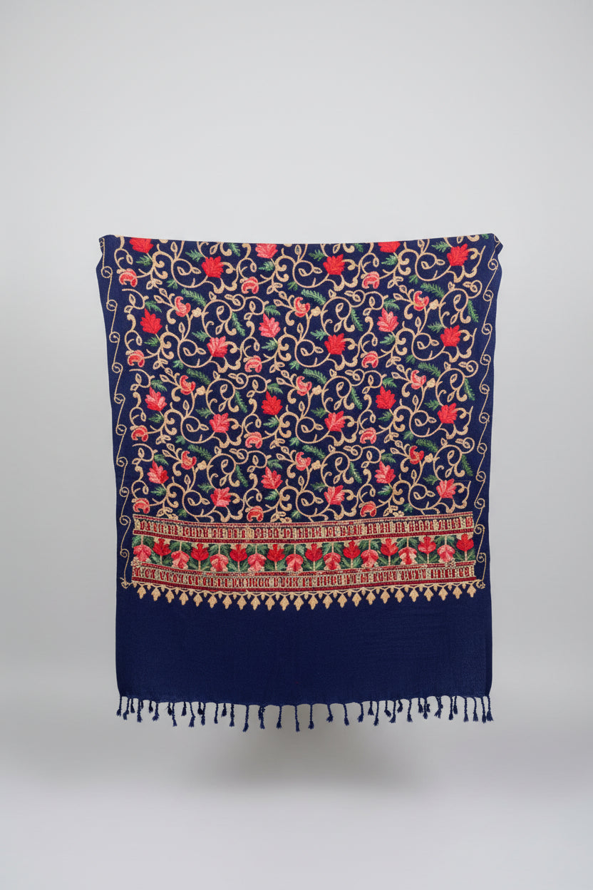 Hand-Embroidered Kashmiri Wool Shawl — Navy Blue Floral
