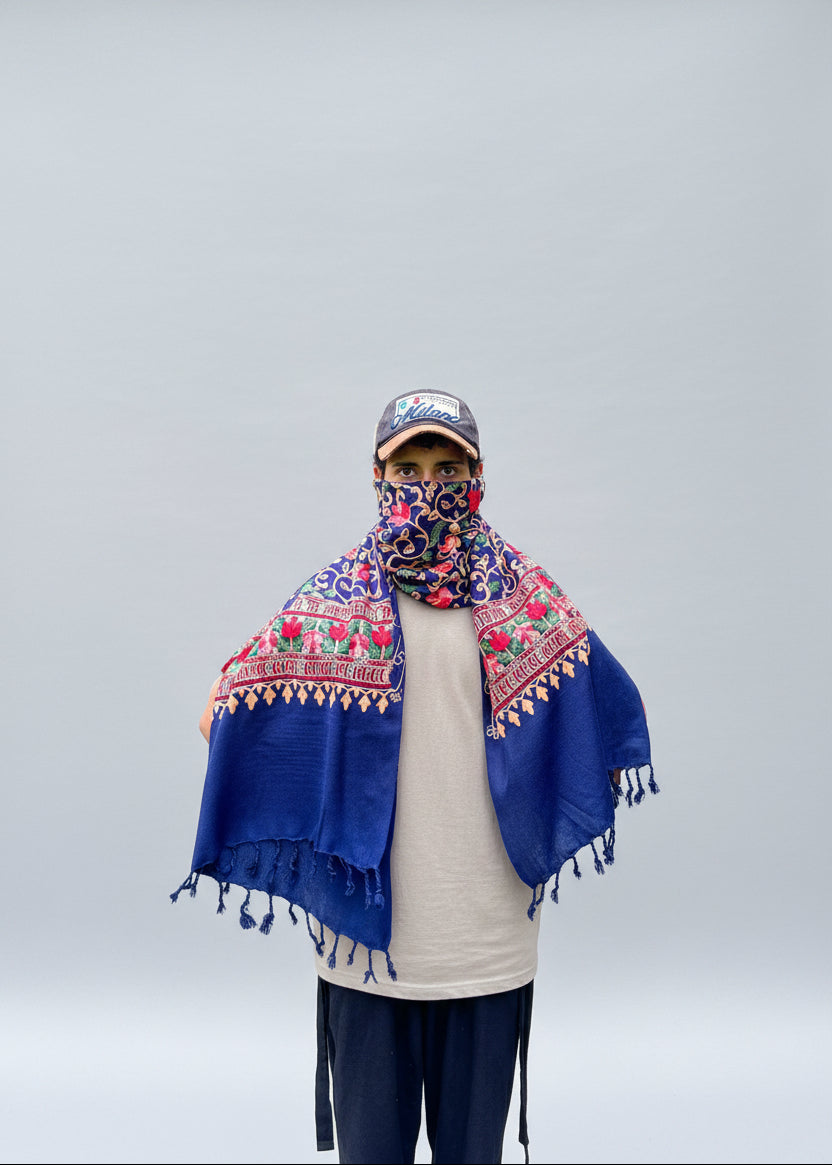 Hand-Embroidered Kashmiri Wool Shawl — Navy Blue Floral