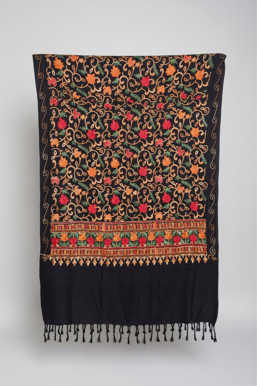 Hand-Embroidered Kashmiri Wool Shawl — Black Floral