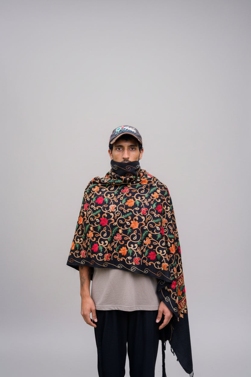 Hand-Embroidered Kashmiri Wool Shawl — Black Floral