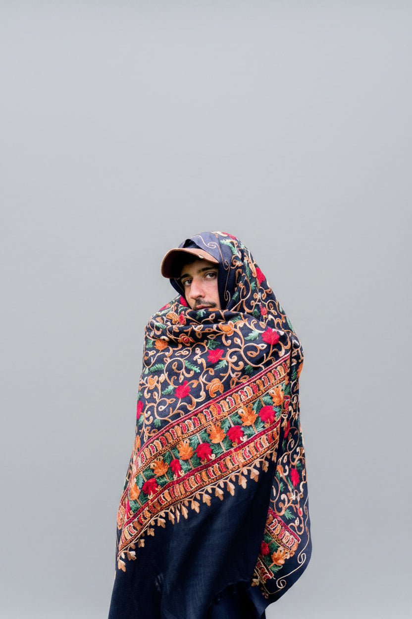 Hand-Embroidered Kashmiri Wool Shawl — Black Floral