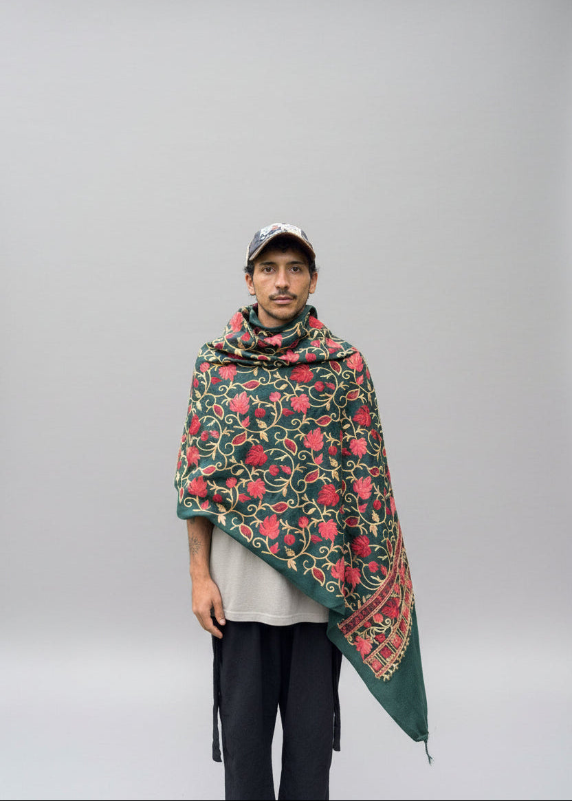 Hand-Embroidered Kashmiri Wool Shawl — Emerald Green Floral