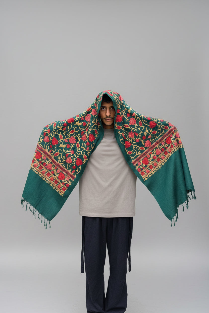 Hand-Embroidered Kashmiri Wool Shawl — Emerald Green Floral
