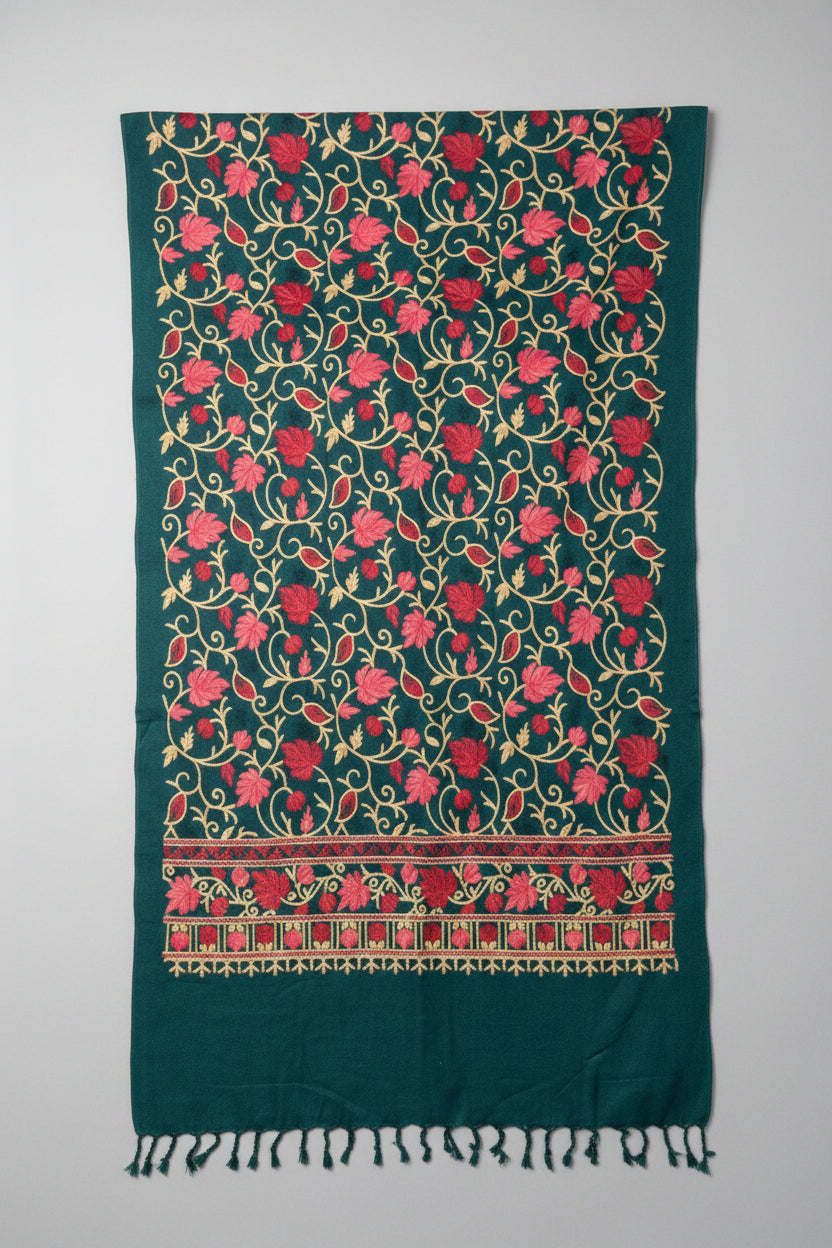 Hand-Embroidered Kashmiri Wool Shawl — Emerald Green Floral