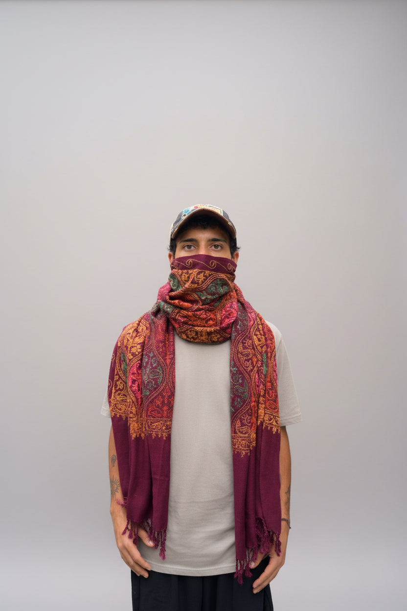Hand-Embroidered Kashmiri Wool Shawl — Maroon & Gold