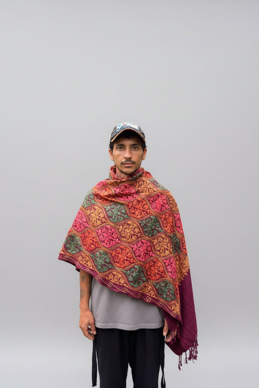 Hand-Embroidered Kashmiri Wool Shawl — Maroon & Gold