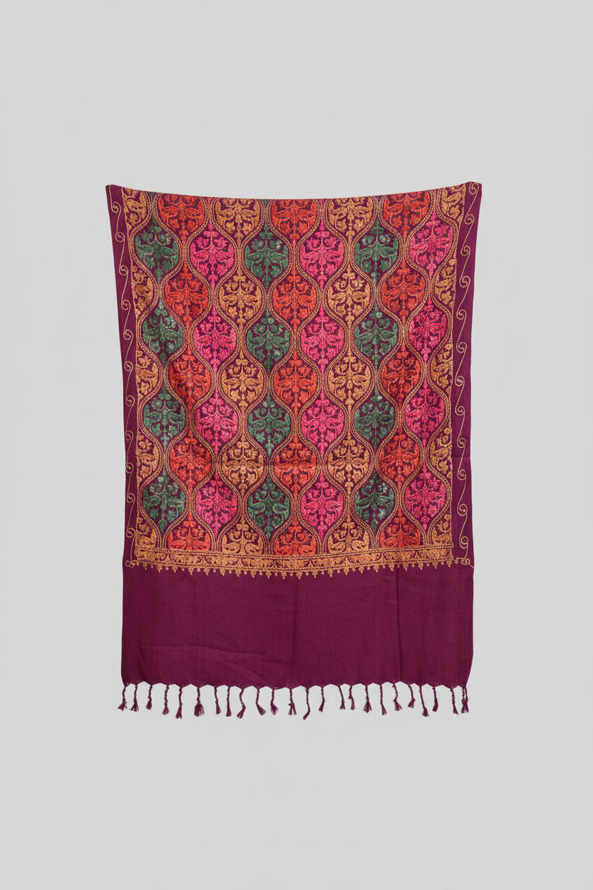 Hand-Embroidered Kashmiri Wool Shawl — Maroon & Gold