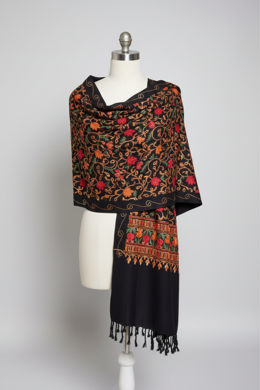 Hand-Embroidered Kashmiri Wool Shawl — Black Floral