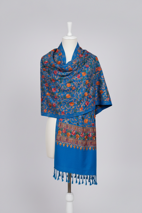 Hand-Embroidered Kashmiri Wool Shawl — Cerulean Blue floral