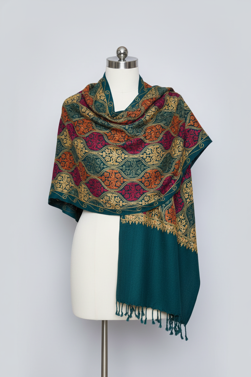 Hand-Embroidered Kashmiri Wool Shawl — Emerald Green Ornate