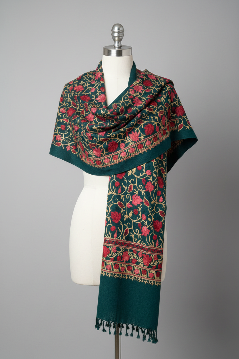 Hand-Embroidered Kashmiri Wool Shawl — Emerald Green Floral