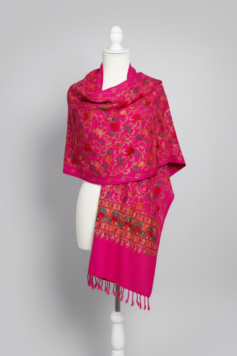 Hand-Embroidered Kashmiri Wool Shawl — Rose Pink Floral