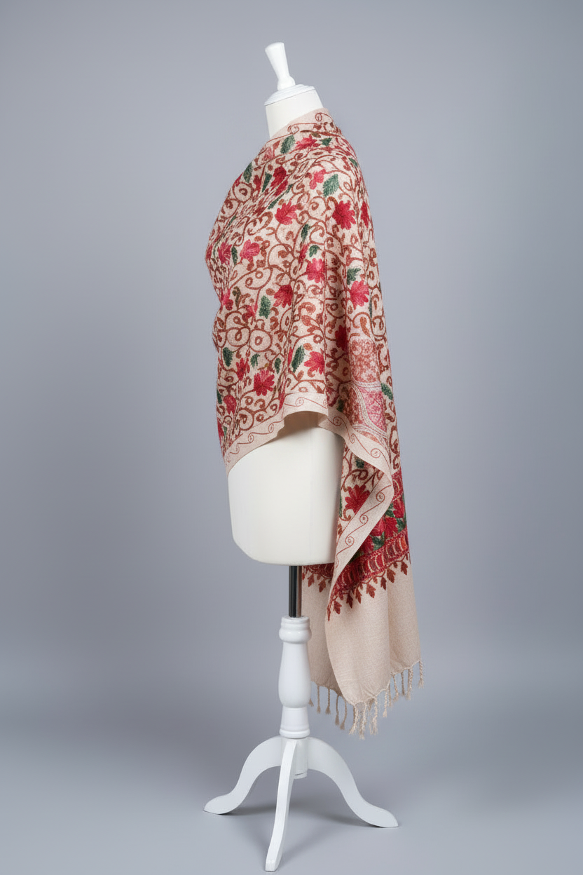 Hand-Embroidered Kashmiri Wool Shawl — Ash Cream Floral