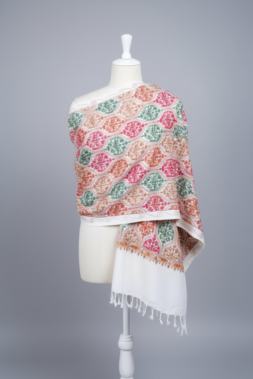 Hand-Embroidered Kashmiri Wool Shawl — Ivory White