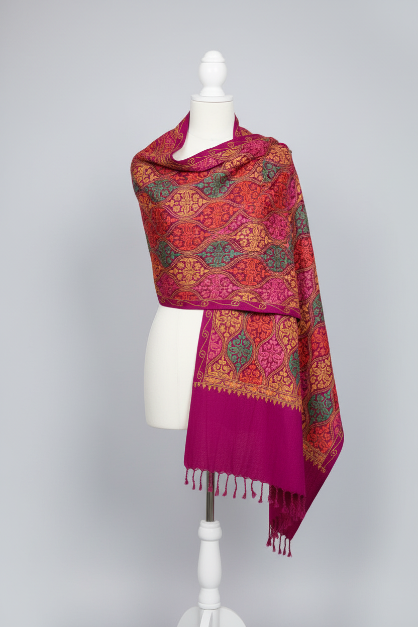 Hand-Embroidered Kashmiri Wool Shawl — Maroon & Gold