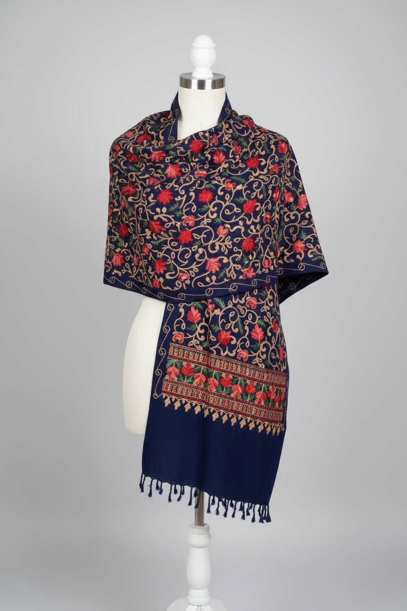 Hand-Embroidered Kashmiri Wool Shawl — Navy Blue Floral