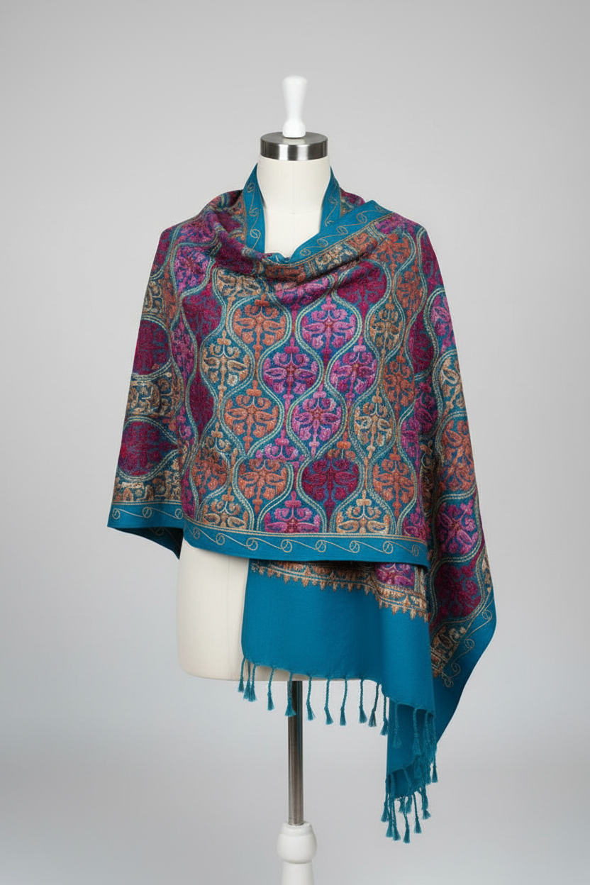 Hand-Embroidered Kashmiri Wool Shawl — Deep Teal Ornate